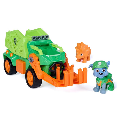 Veículo verde e laranja do Rocky com figura do Rocky e dinossauro laranja