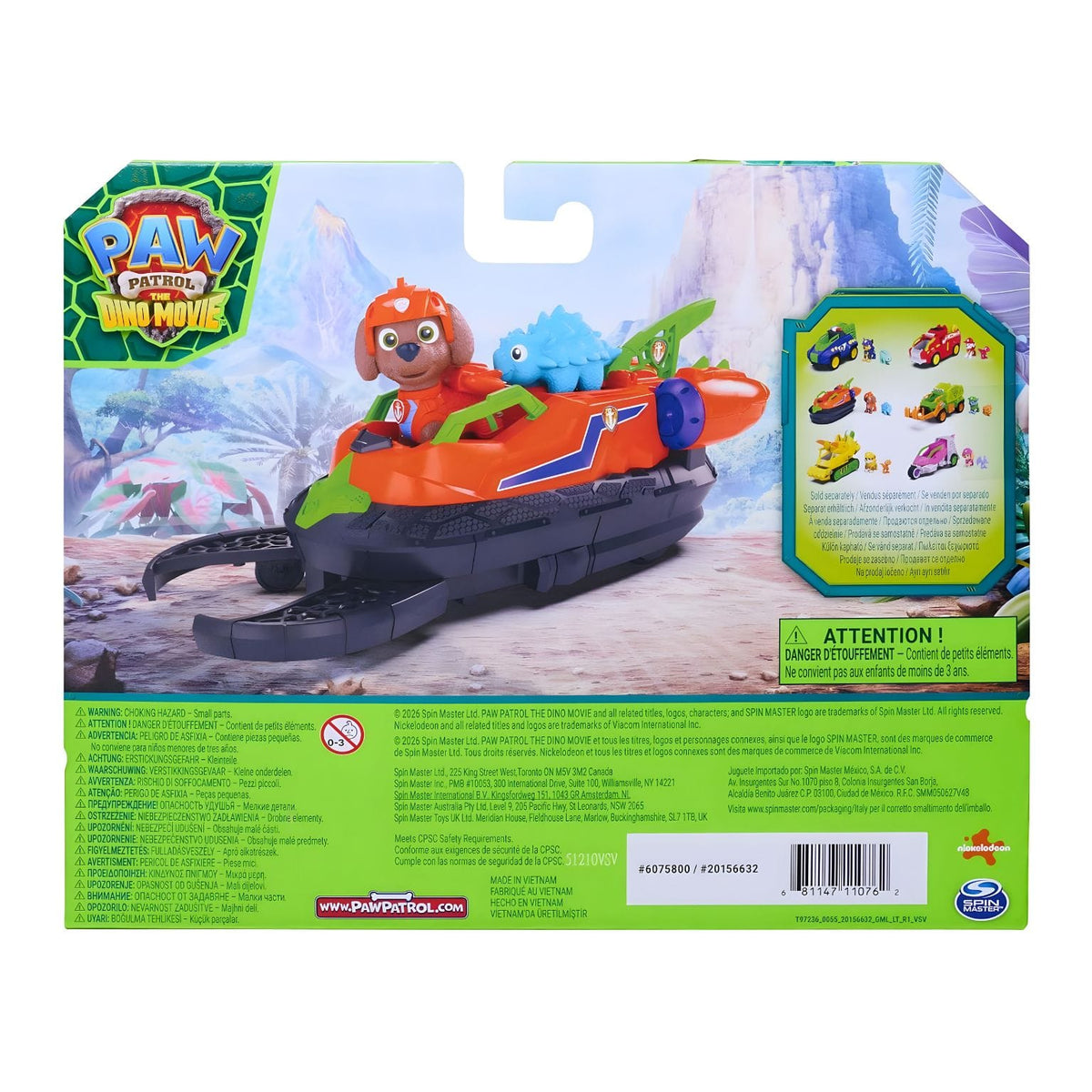 Conjunto Patrulha Pata The Dino Movie com Zuma, aerodeslizador e dinossauro
