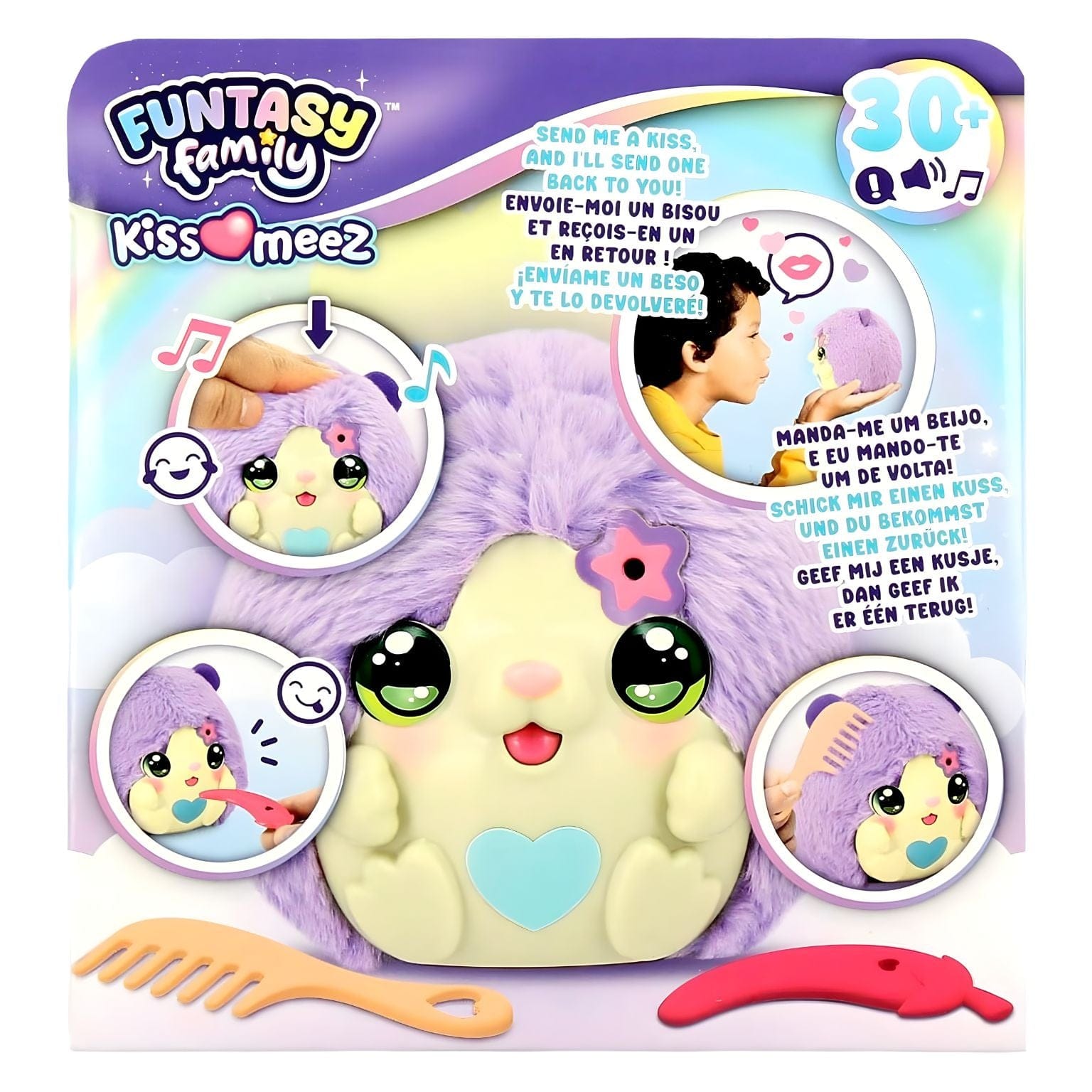 Peluche Funtasy Family Kiss Meez - Hamster roxo com coração e acessórios