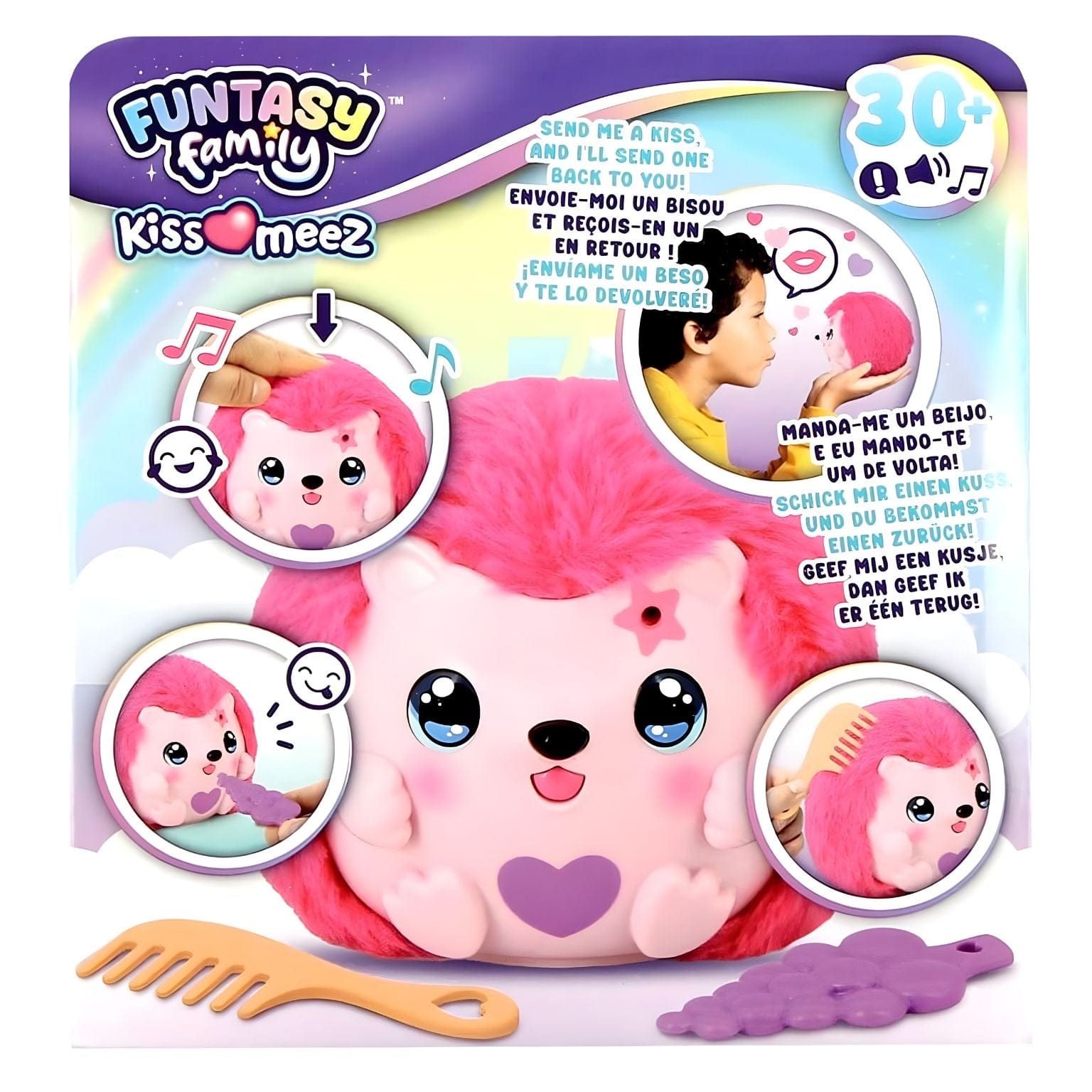 Peluche Funtasy Family Kiss Meez - Ouriço cor-de-rosa com coração e acessórios