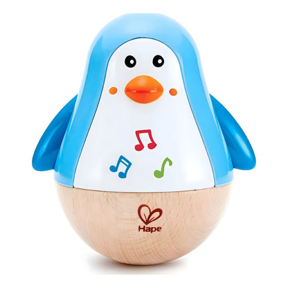 Pinguim Musical sempre em pé azul e branco com notas musicais e base de madeira