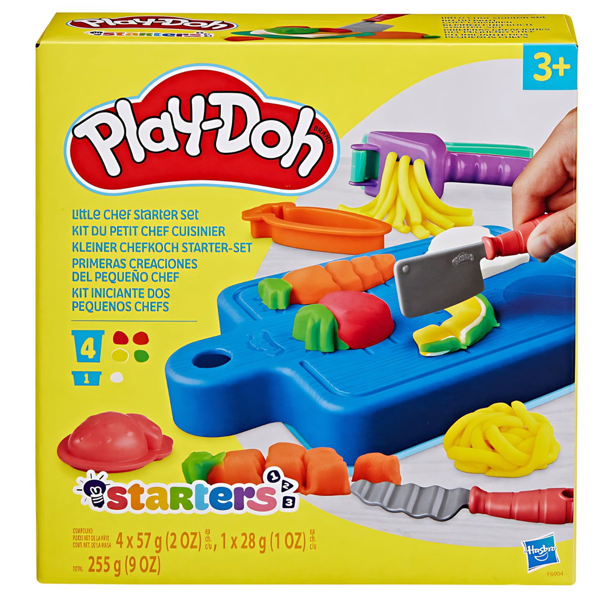 Embalagem Play-Doh Pequenos Chefes F6904 com tábua, utensílios e indicação de idade 3+