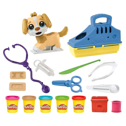 Conteúdo do Play Doh Kit veterinário: cão, transportadora, ferramentas e cinco massas