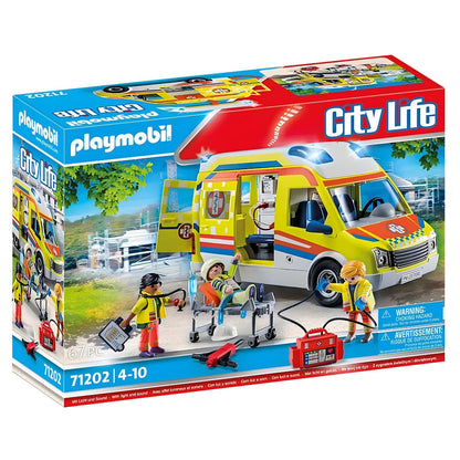 PLAYMOBIL 71202 ambulância com luz e som com figuras de socorro e acessórios médicos