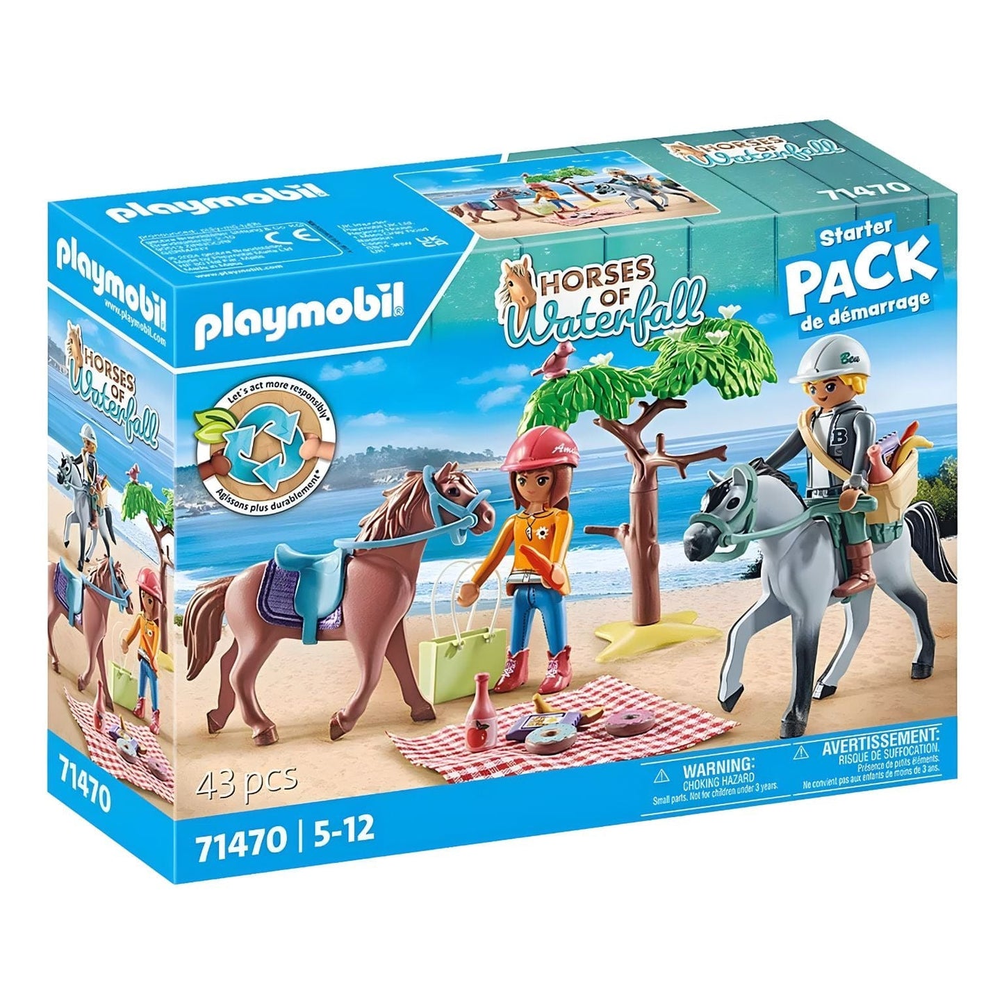 Playmobil Excursão a cavalo com duas figuras, dois cavalos, árvore e piquenique na praia