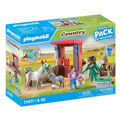 Caixa do Playmobil 71471 Veterinária da quinta com burros e figuras
