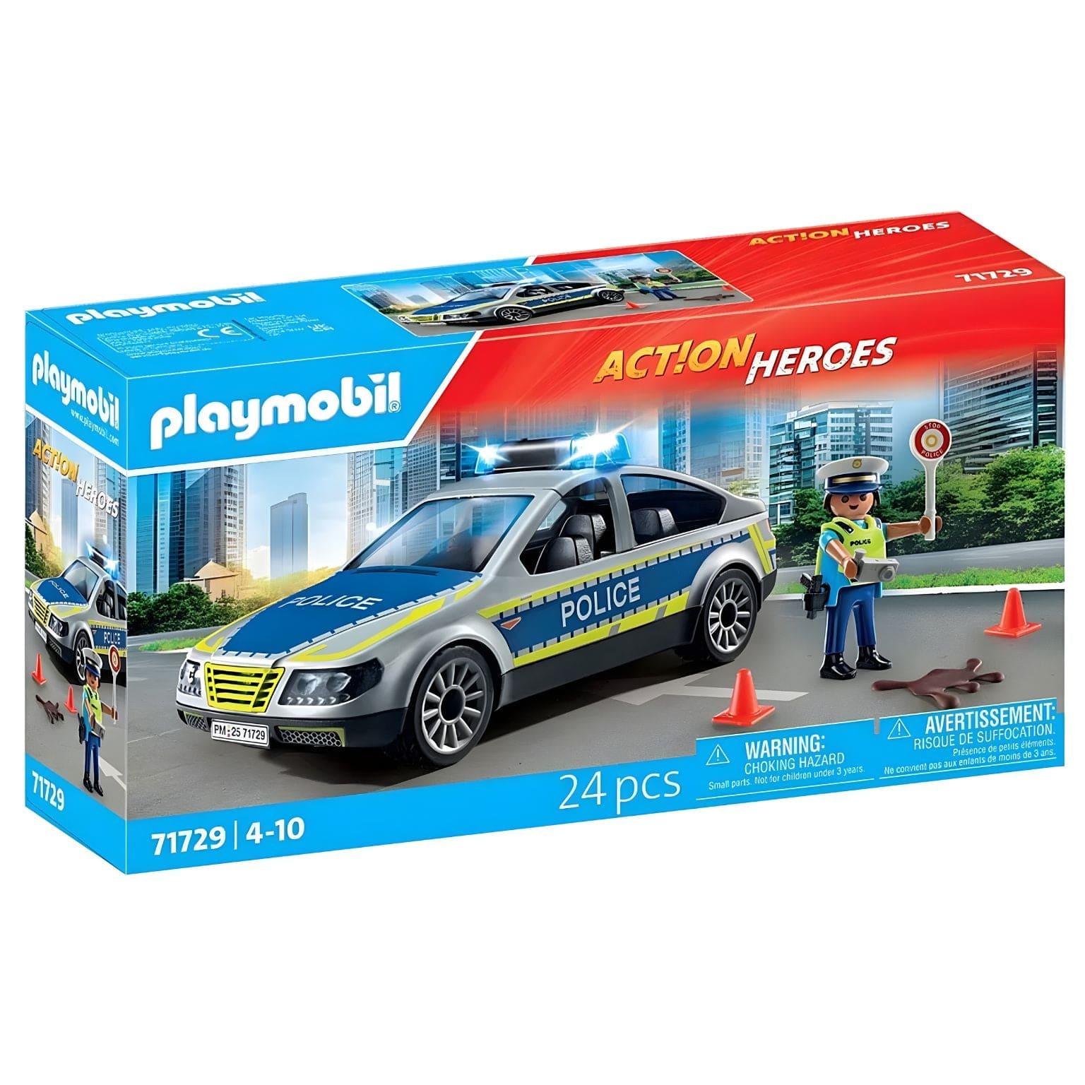 Playmobil 71729 carro patrulha com polícia, cones e acessórios de sinalização