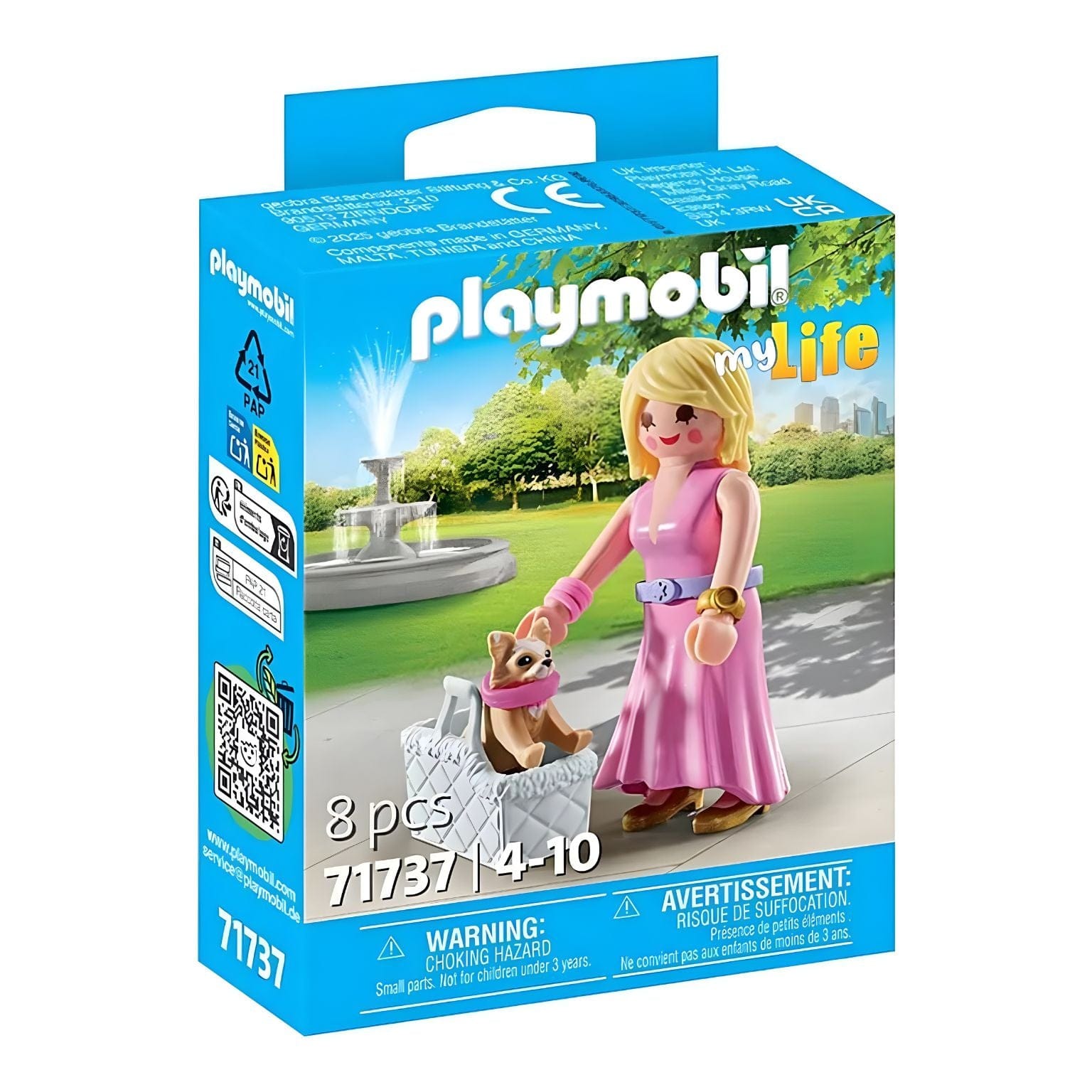 Playmobil It-girl com Chihuahua em vestido rosa com cãozinho chihuahua na mala branca