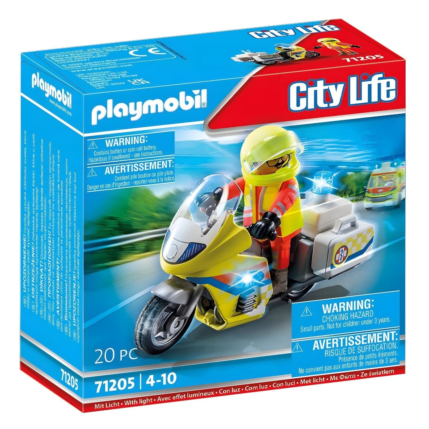 Playmobil Mota de Emergências com luz intermitente com figura de socorrista e mota amarela com luz azul