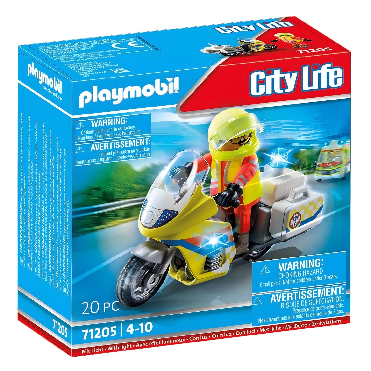 Playmobil Mota de Emergências com luz intermitente com figura de socorrista e mota amarela com luz azul
