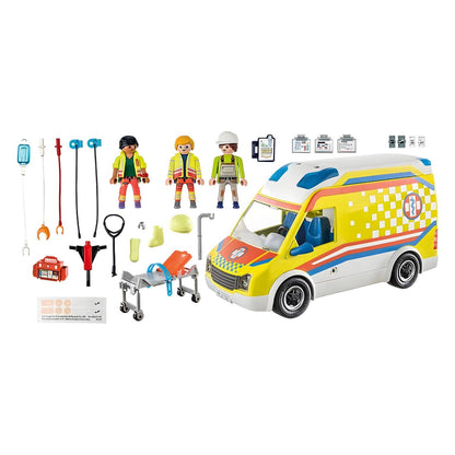 Vista lateral da PLAYMOBIL 71202 ambulância com luz e som pronta para uma missão de resgate