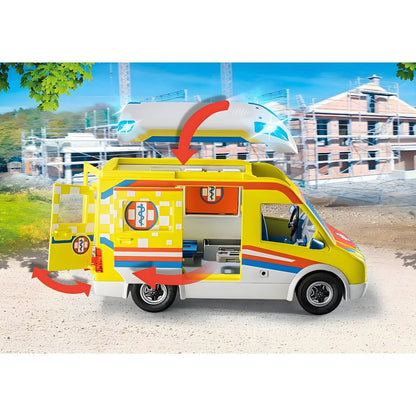 PLAYMOBIL 71202 ambulância com luz e som com maca e equipa de emergência em cenário de brincadeira