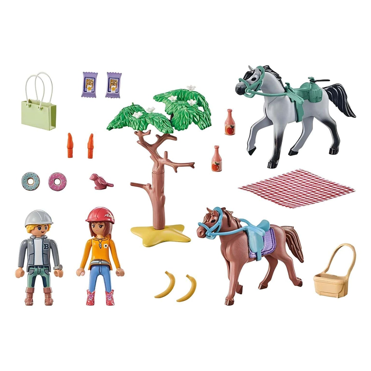 Playmobil Excursão a cavalo com duas figuras, dois cavalos, árvore e piquenique na praia