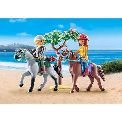 Playmobil Excursão a cavalo com duas figuras, dois cavalos, árvore e piquenique na praia