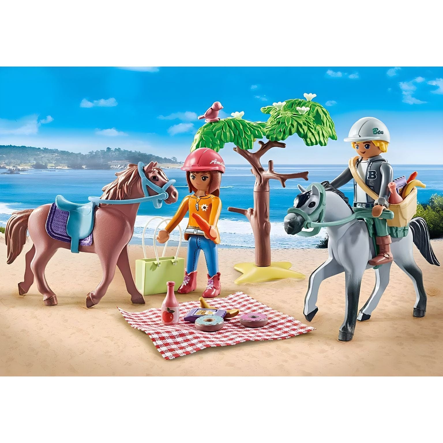 Playmobil Excursão a cavalo com duas figuras, dois cavalos, árvore e piquenique na praia