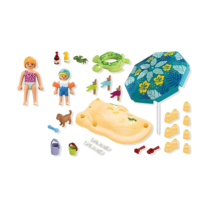 Peças do Playmobil 71906: figuras, chapéu de sol, tartaruga e moldes