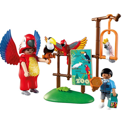 Playmobil 72074 Zoo Mascote com traje colorido de papagaio no jardim zoológico