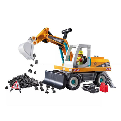 Escavadora grande Playmobil 71749 com operador, pedras e sinal de obra