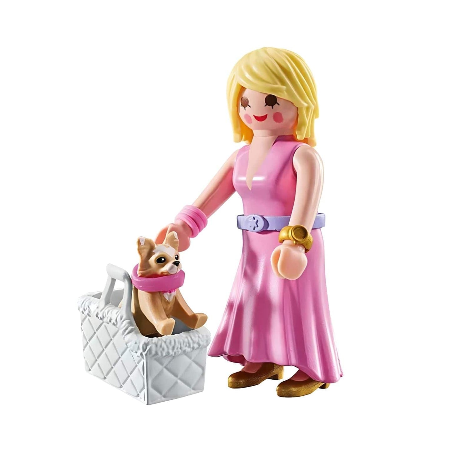 Playmobil It-girl com Chihuahua em vestido rosa com cãozinho chihuahua na mala branca