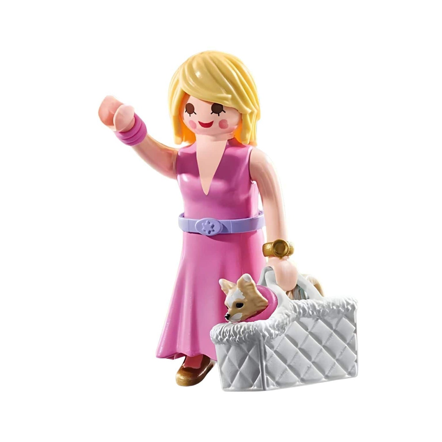 Playmobil It-girl com Chihuahua em vestido rosa com cãozinho chihuahua na mala branca