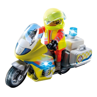 Playmobil Mota de Emergências com luz intermitente com figura de socorrista e mota amarela com luz azul