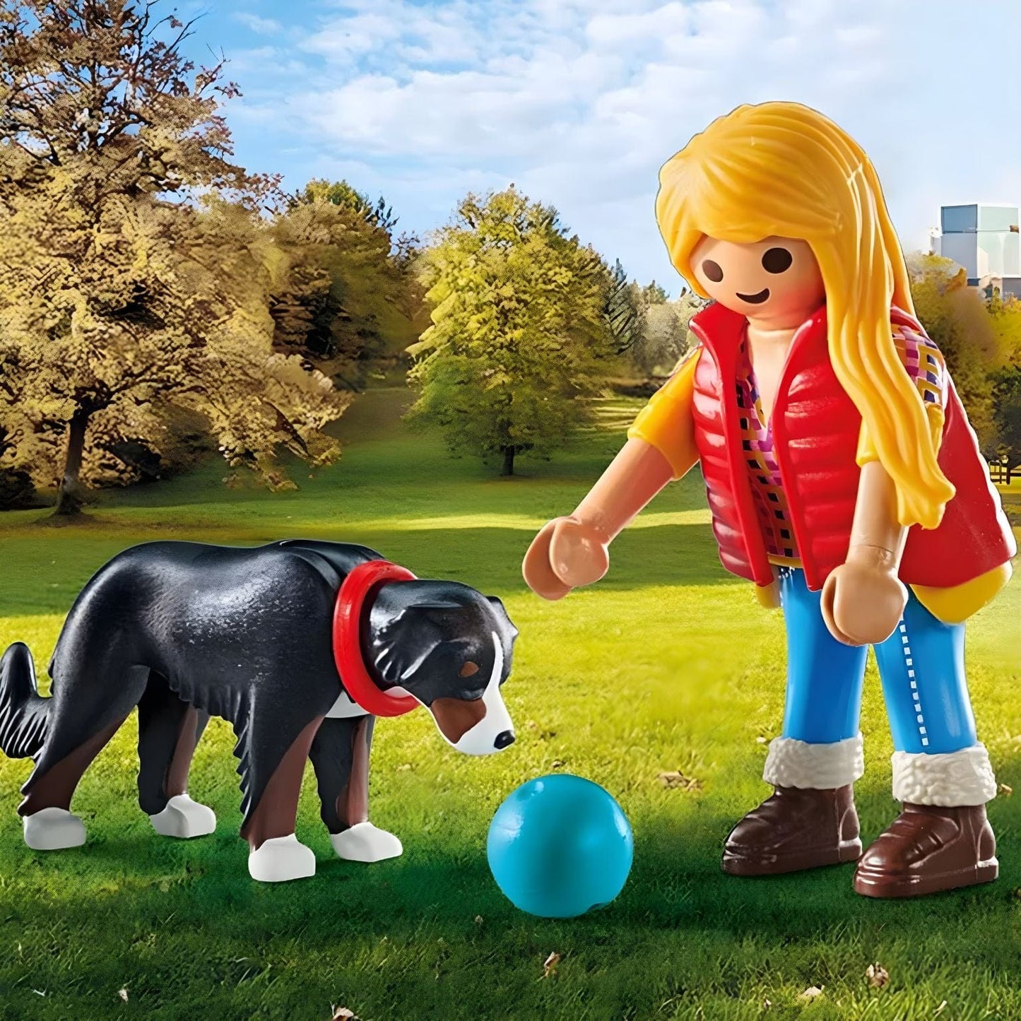 Playmobil Mulher com cão de montanha a brincar com bola no parque