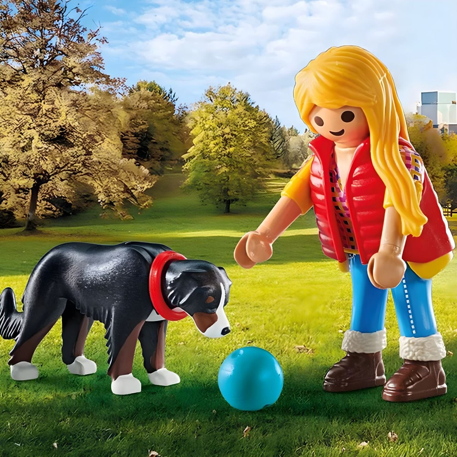 Playmobil Mulher com cão de montanha a brincar com bola no parque
