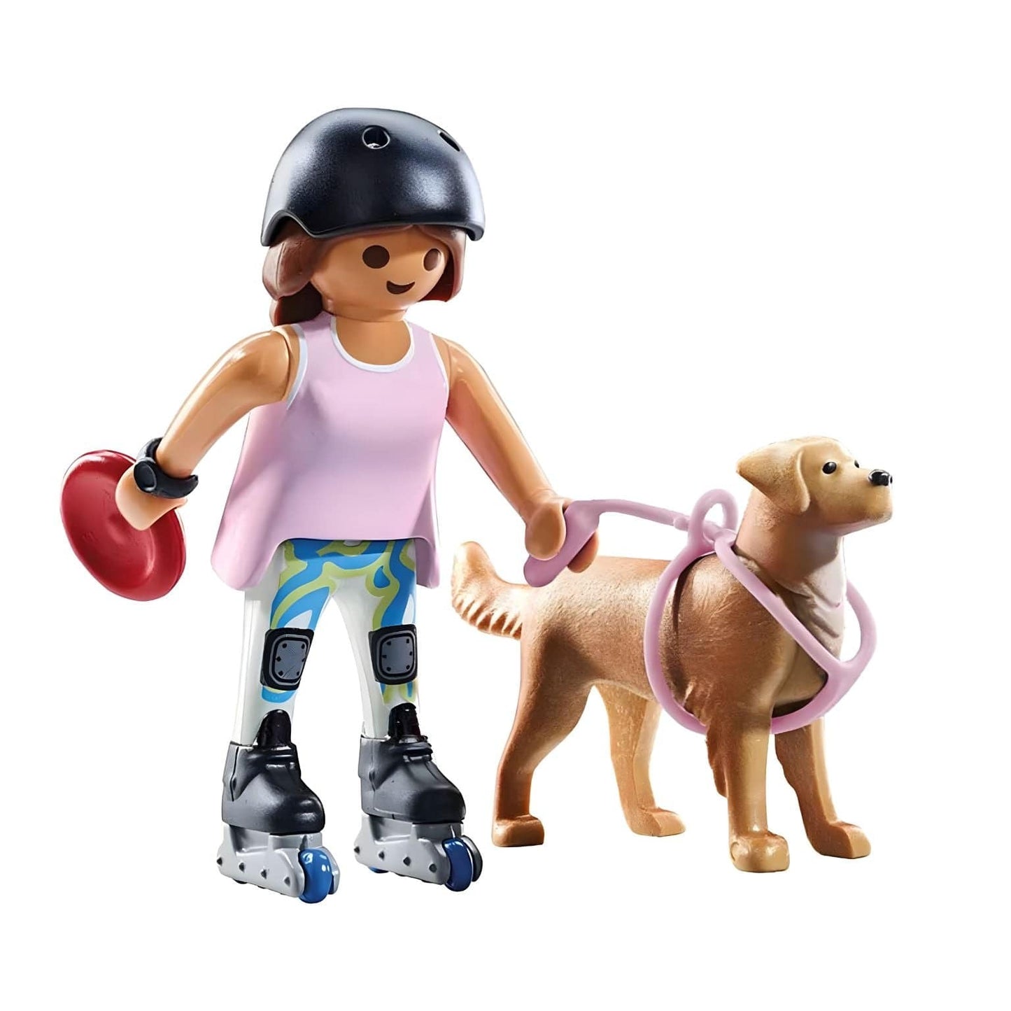 Playmobil Patinadora com Retriever com capacete, patins e disco a passear cão no parque