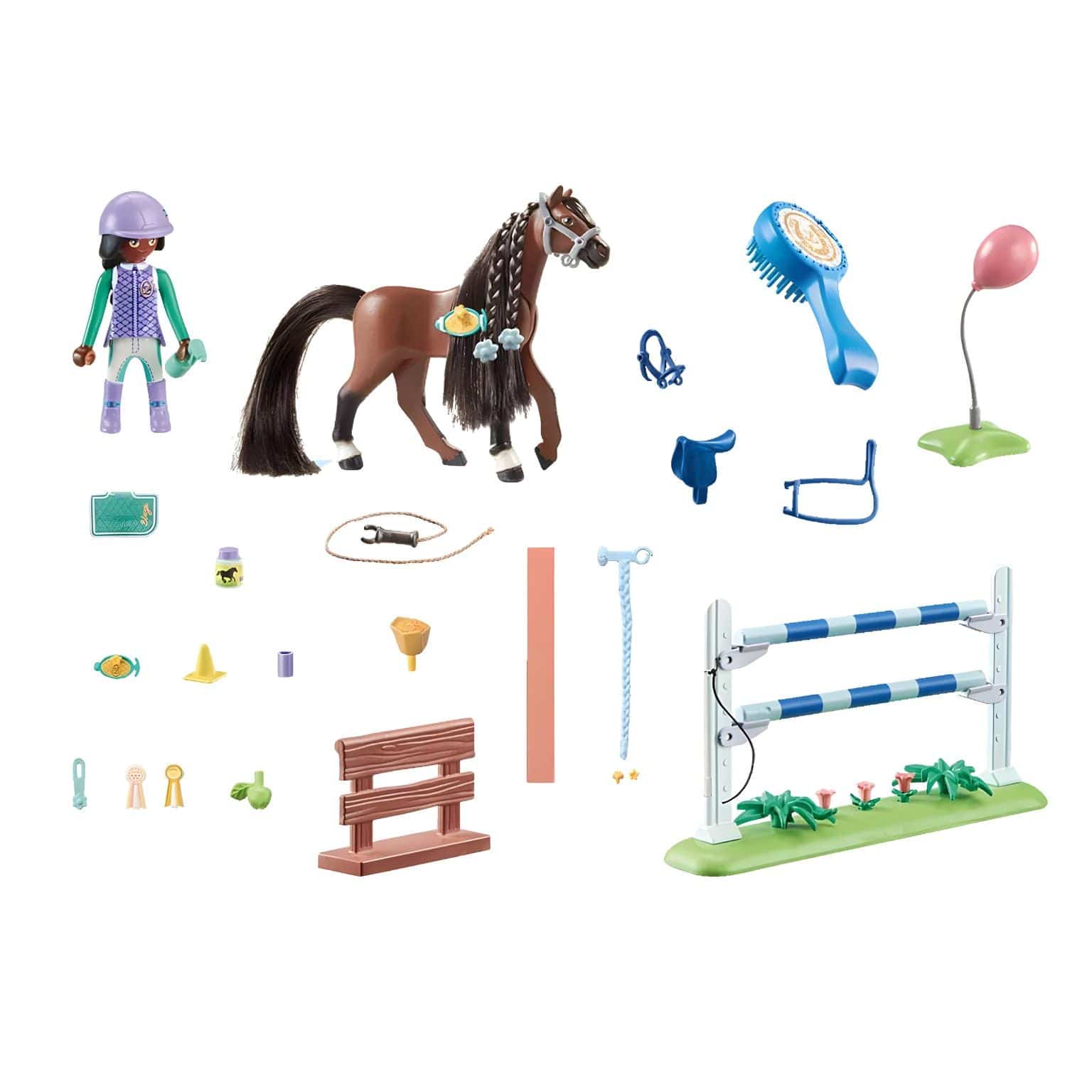 Playmobil Salto de Cavalos com Zoe e Blaze com cavalo, obstáculo de salto e acessórios de equitação