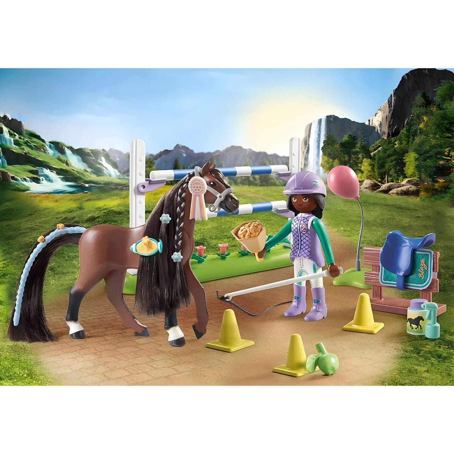 Playmobil Salto de Cavalos com Zoe e Blaze com cavalo, obstáculo de salto e acessórios de equitação