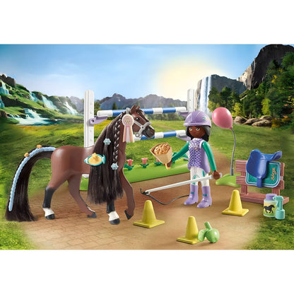 Playmobil Salto de Cavalos com Zoe e Blaze com cavalo, obstáculo de salto e acessórios de equitação