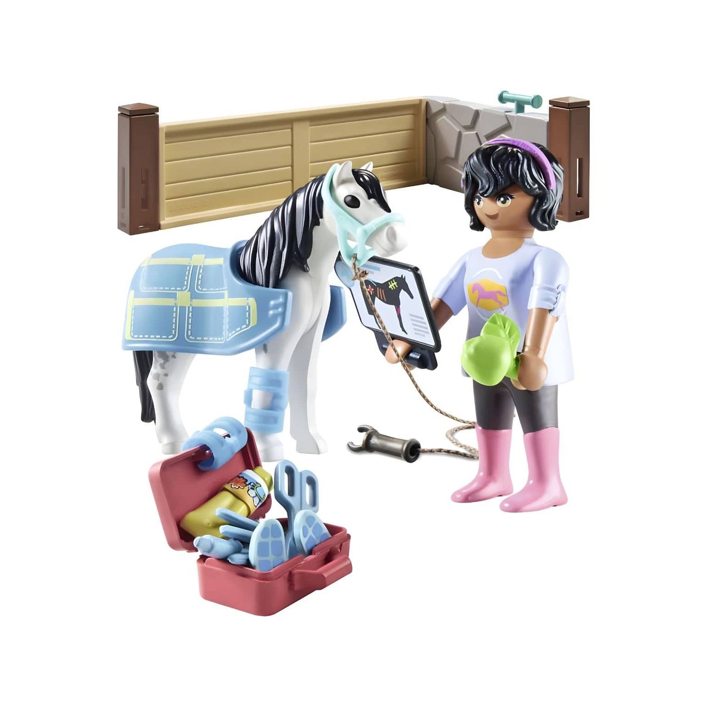 Playmobil Terapeuta de cavalos com cavalo, terapeuta e acessórios de cuidados em cenário equestre