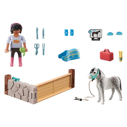 Peças do Playmobil 71497: terapeuta, cavalo, cerca e acessórios