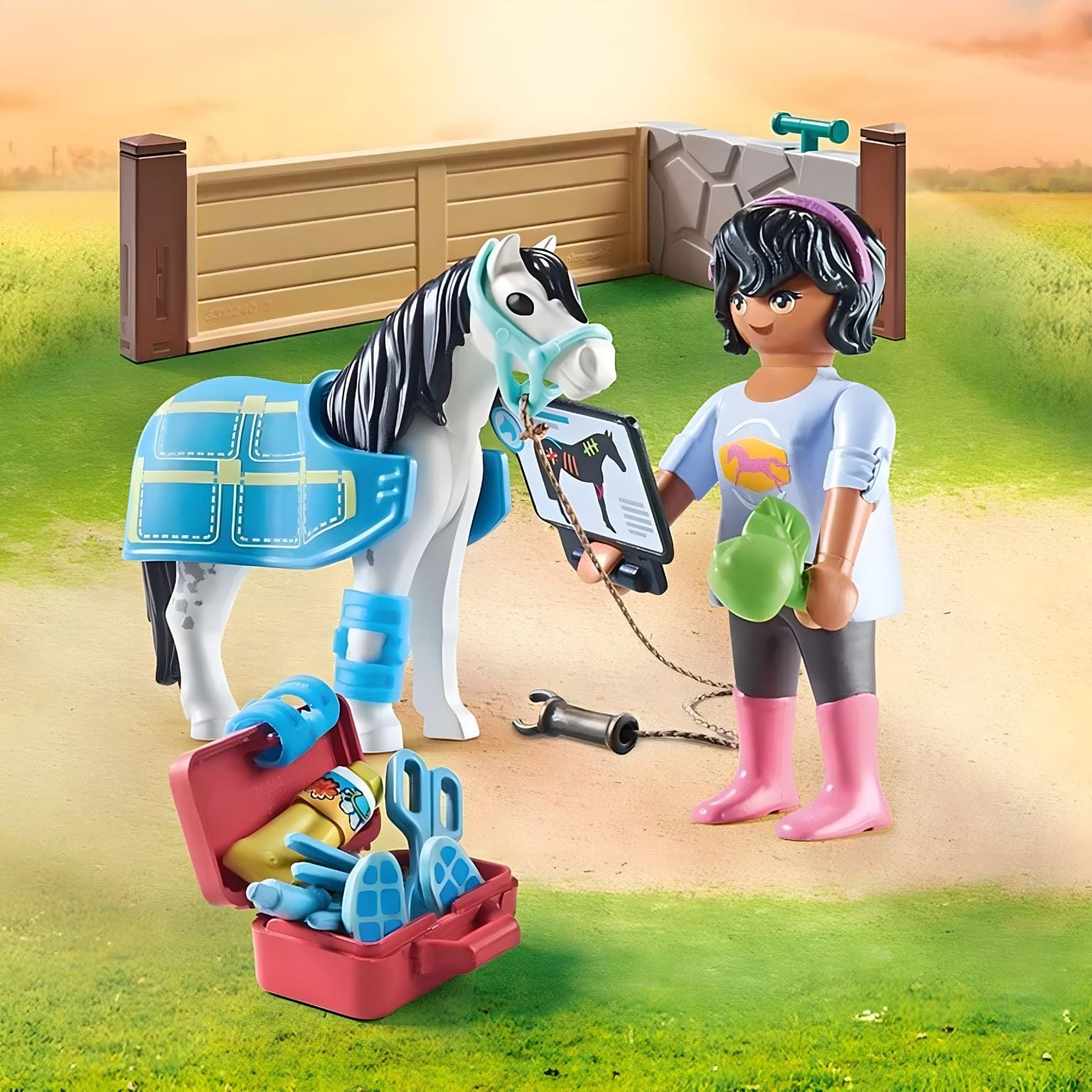 Playmobil Terapeuta de cavalos com cavalo, terapeuta e acessórios de cuidados em cenário equestre