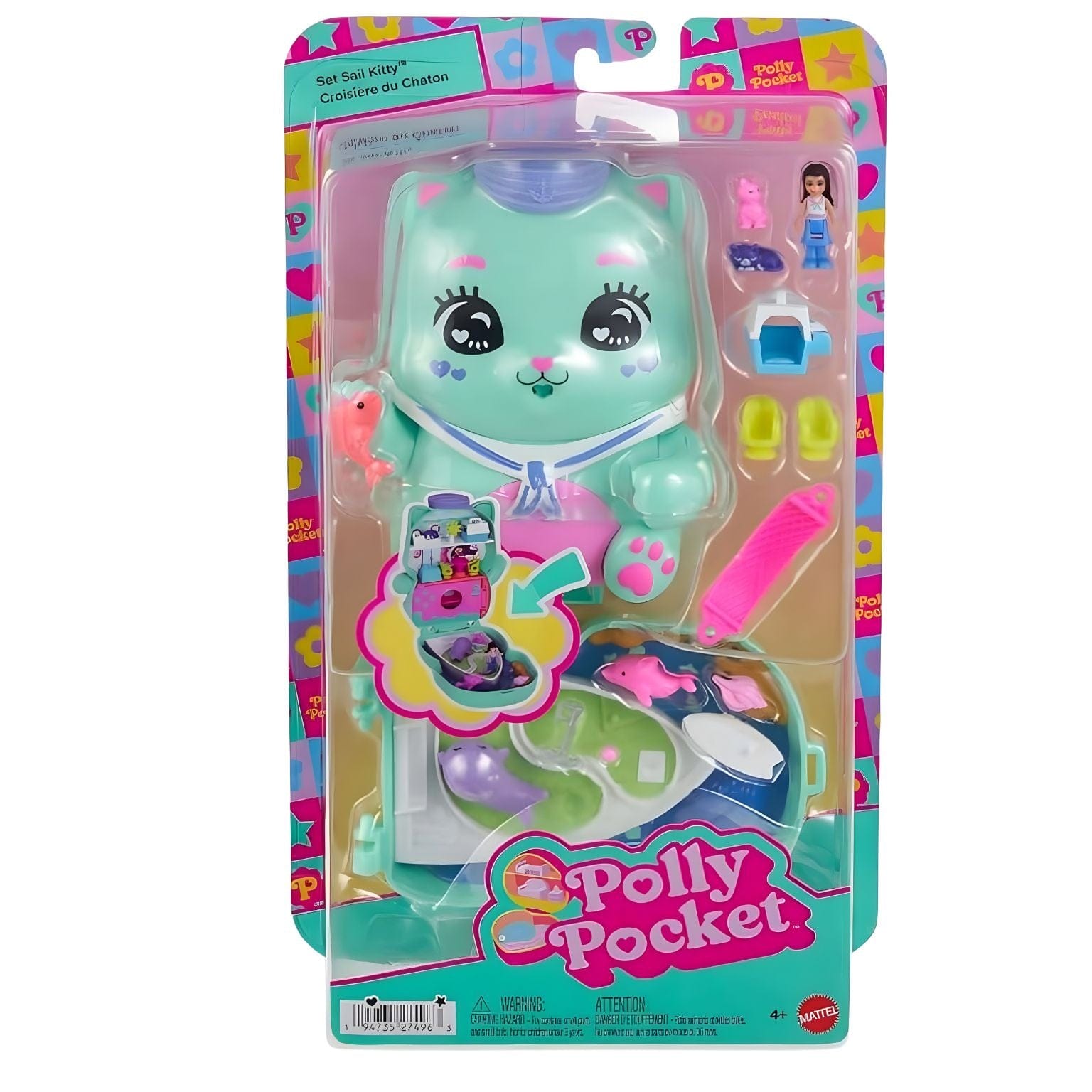 Polly Pocket - Estojo do gato de estimação compacto em forma de gatinho com cenário surpresa e acessórios