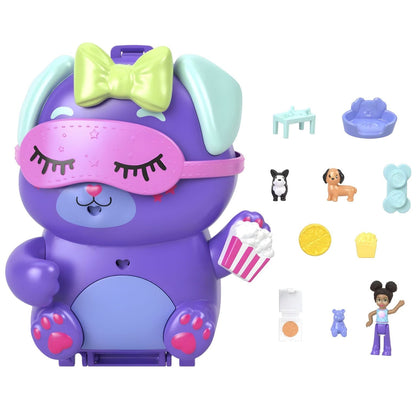 Polly Pocket Festa do Pijama do Cão compacto em forma de cachorrinho com mini cenários de festa do pijama e figuras