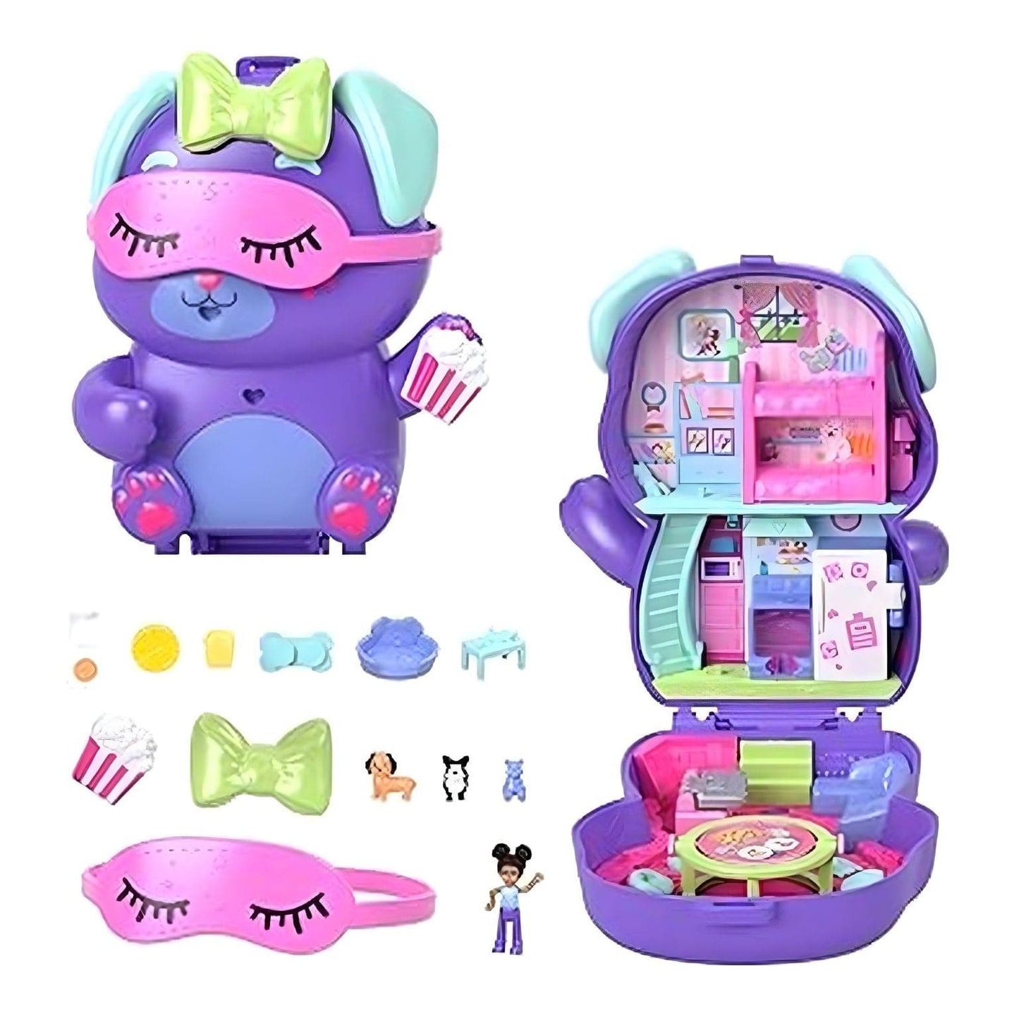 Polly Pocket Festa do Pijama do Cão compacto em forma de cachorrinho com mini cenários de festa do pijama e figuras