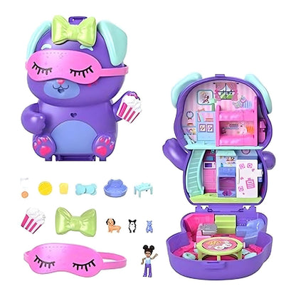 Polly Pocket Festa do Pijama do Cão compacto em forma de cachorrinho com mini cenários de festa do pijama e figuras