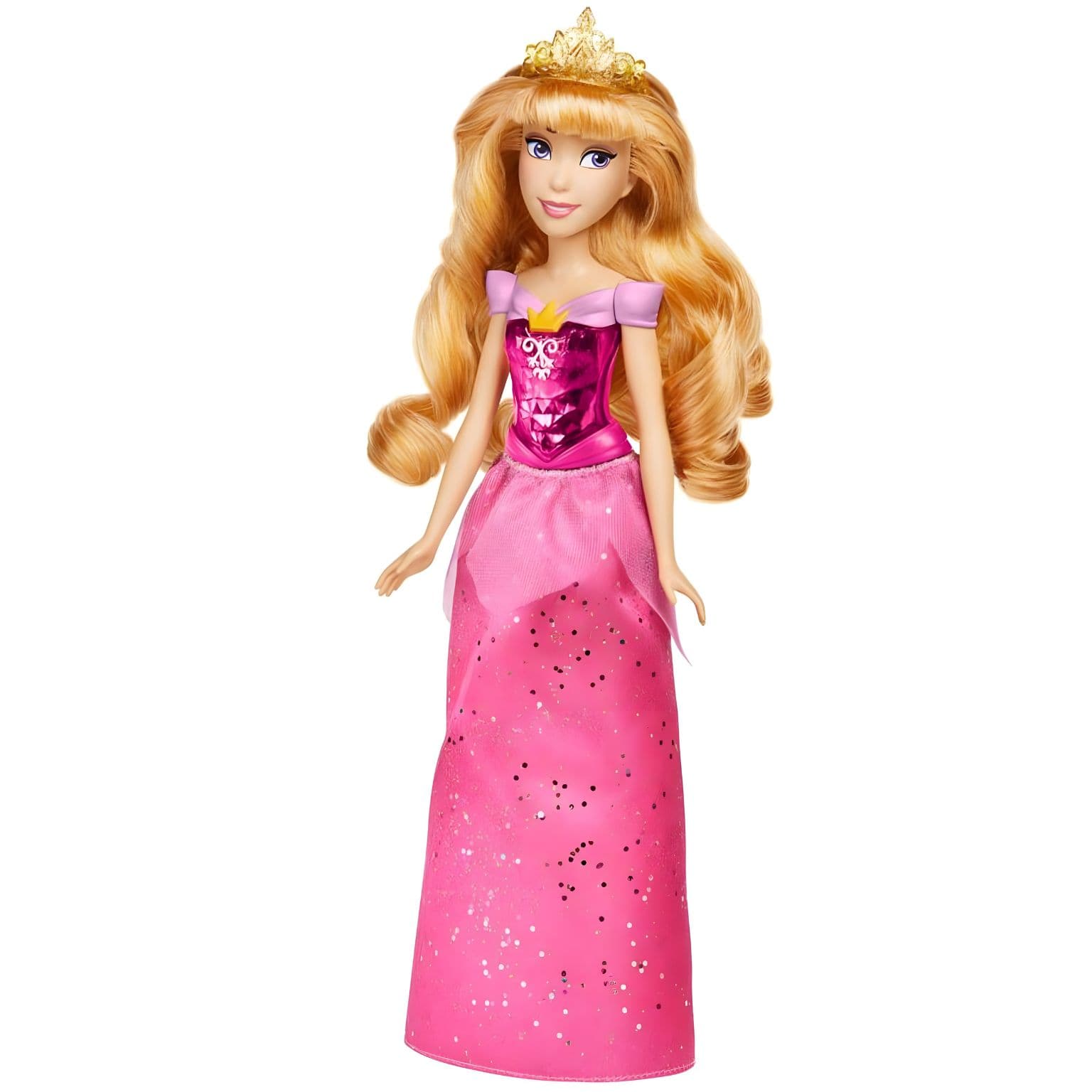 Princesa Disney Aurora Brilho Real com vestido rosa brilhante e coroa dourada