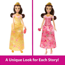 Boneca Princesa Disney Bella em embalagem com dois estilos de brincadeira