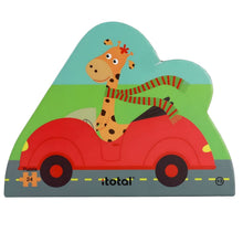 Puzzle Animais sobre rodas da I-Total com girafa num carro vermelho e cena urbana com animais em veículos