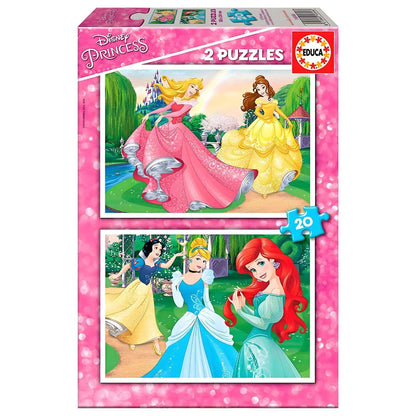 Puzzle Princesas Disney 2 x 20 peças com ilustrações coloridas de princesas Disney em cenário de jardim encantado