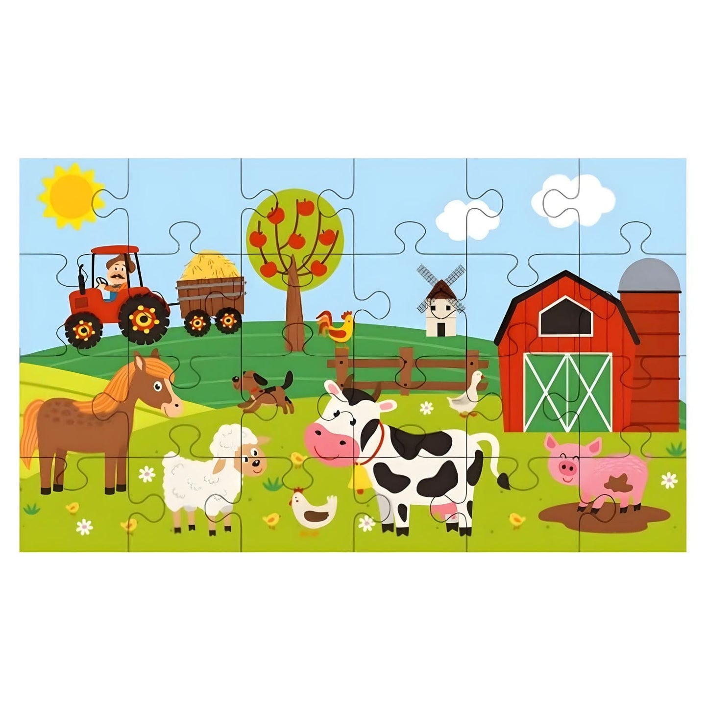 Puzzle Animais na Quinta com 24 peças com vaca, cavalo, porco, ovelha, tractor e celeiro