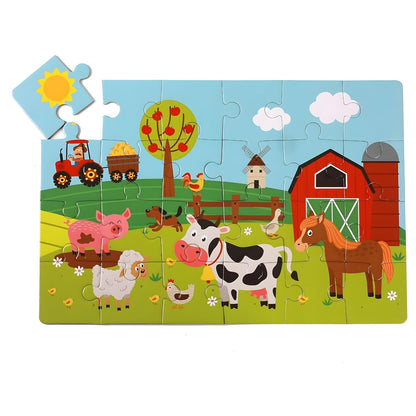 Puzzle Animais na Quinta com 24 peças com vaca, cavalo, porco, ovelha, tractor e celeiro