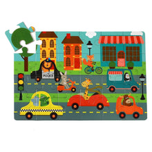 Puzzle Animais sobre rodas da I-Total com girafa num carro vermelho e cena urbana com animais em veículos