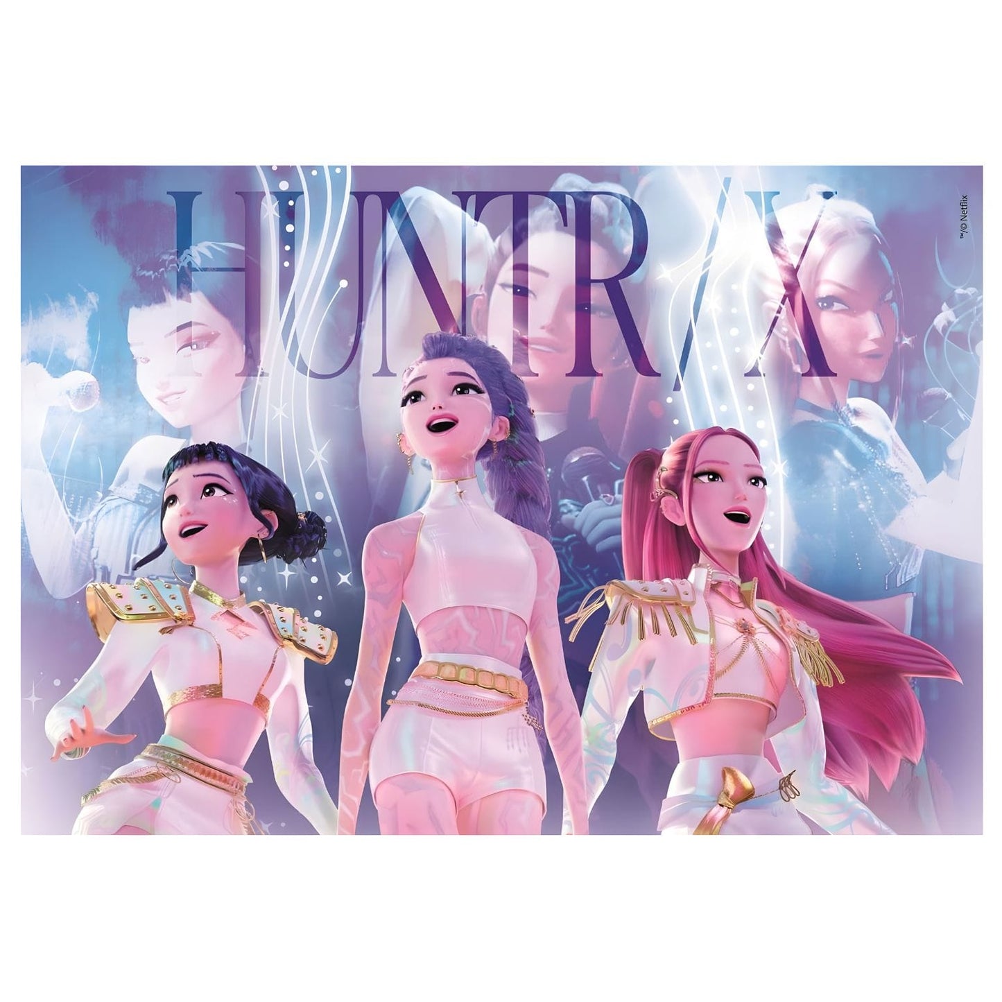 Puzzle K-Pop Demon Hunters com três personagens em palco de tons lilás e rosa