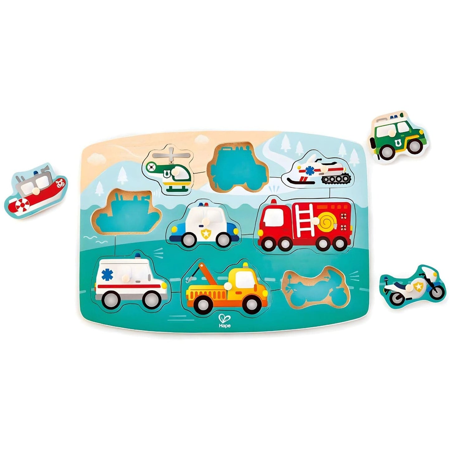 Puzzle Pegas Veículos de Emergência Hape com ambulância bombeiros polícia e helicóptero