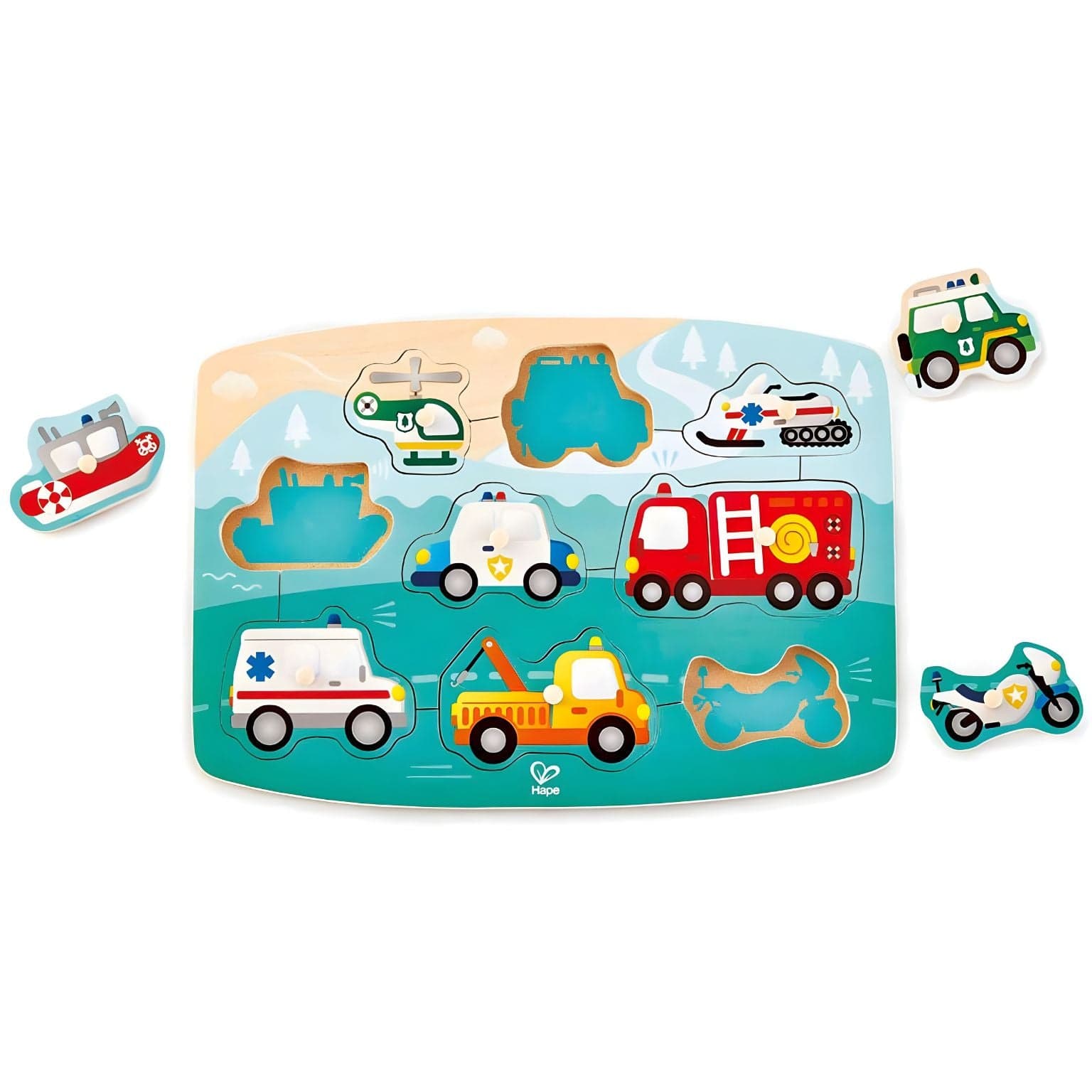 Puzzle Pegas Veículos de Emergência Hape com ambulância bombeiros polícia e helicóptero