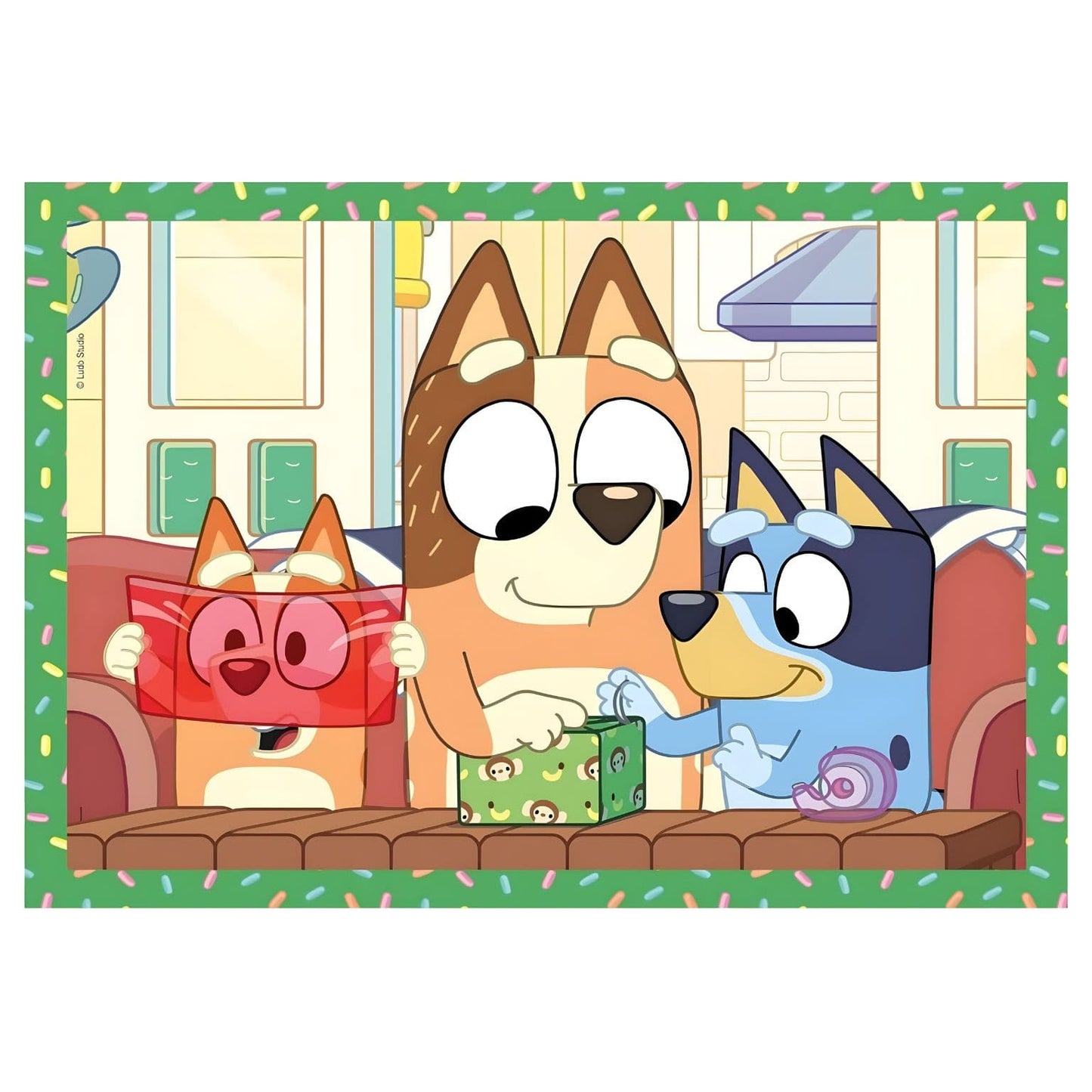Peças e ilustrações do Puzzle Bluey 4 em 1 para crianças