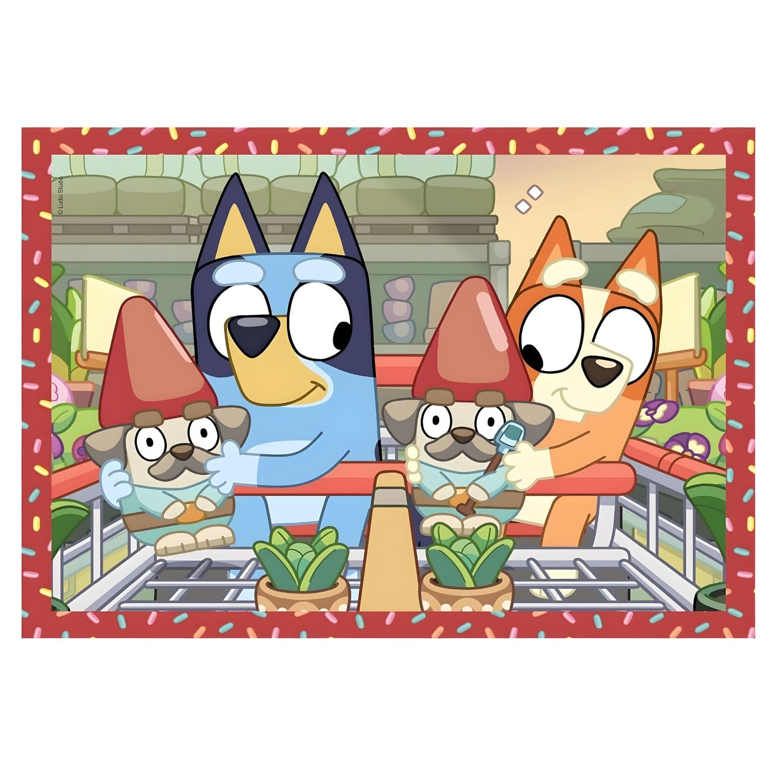 Embalagem do Puzzle Bluey 4 em 1 com personagens da Bluey